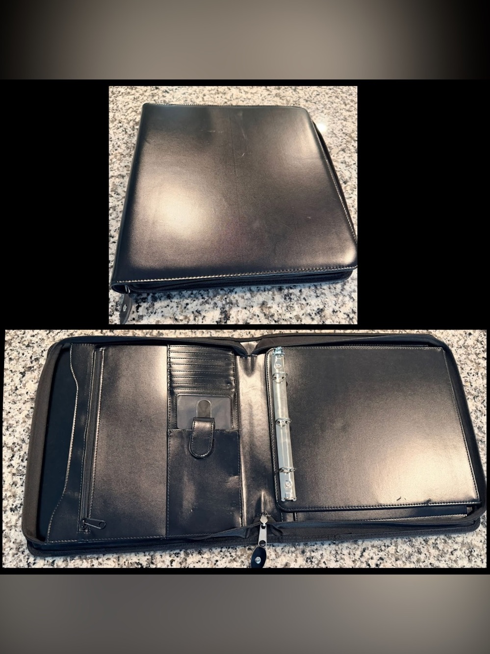 Black Leather Zippered Checkbook Binder Portfolio